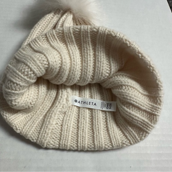 Athleta Knit Ribbed Winter Hat with Faux Fur Pom, Ivory Cream - Picture 10 of 11